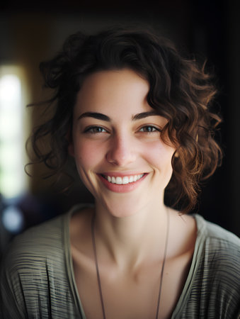 Portrait of a beautiful young woman smiling and looking at the cameraの素材