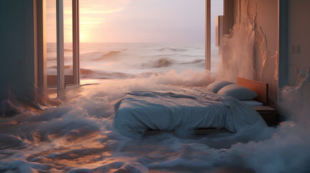 3d rendering of a bedroom in the morning with a view of the seaの素材