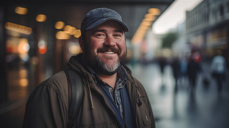 Portrait of a happy senior man with beard and cap in the cityの素材