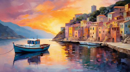 Digital painting of Riomaggiore village, Cinque Terre, Italyの素材