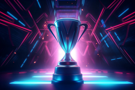 3D rendering of a trophy with neon lights on a dark backgroundの素材