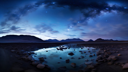 Night sky with stars and milky way over lake. 3d renderingの素材