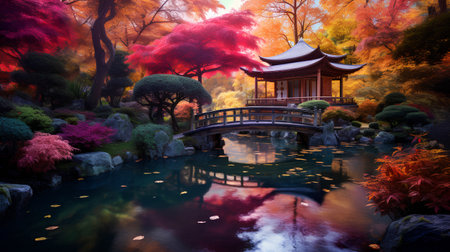 Autumn landscape with pond and pavilion in the park. 3d renderの素材