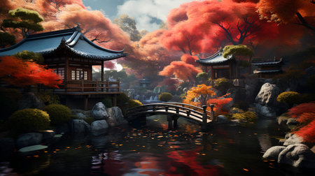 Autumn landscape with a pond and a Chinese temple in the backgroundの素材