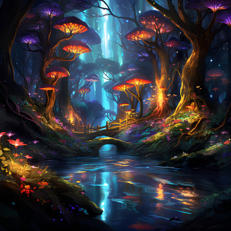 Fantasy night forest. Fairytale landscape with trees and pond.の素材