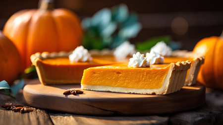 Pumpkin cheesecake on wooden board. Selective focus.の素材