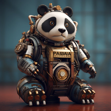 3D rendering of a panda robot on a steampunk backgroundの素材