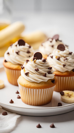 Cupcakes with chocolate cream and chocolate chips on a white backgroundの素材