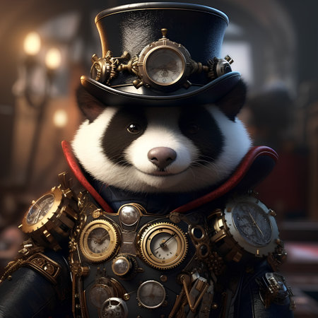 3D illustration of a black and white panda in a steampunk costumeの素材