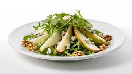 Salad with pear, cheese and walnuts on a white backgroundの素材