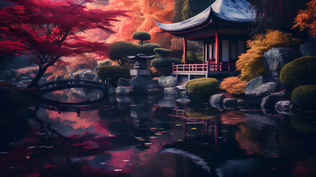 Autumn landscape in a Japanese garden with a pavilion and pondの素材