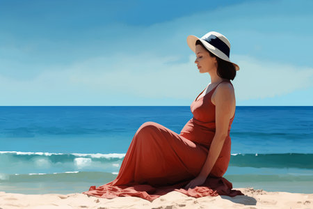 Woman in red dress and hat sitting on the sand by the sea.の素材
