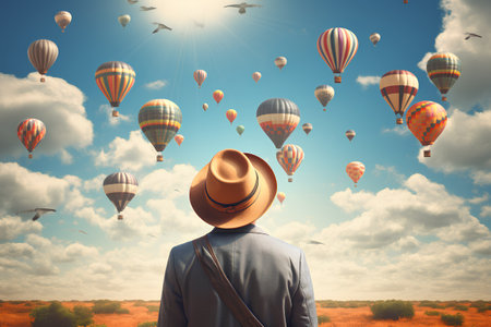 Rear view of a man in a hat looking at the hot air balloons flying in the skyの素材