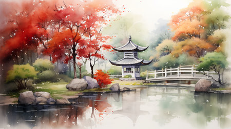 Watercolor painting of autumn landscape with pagoda in chinese gardenの素材