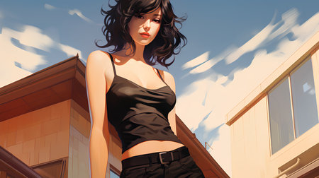 Beautiful girl in a black dress posing on the street. Fashion illustration.の素材