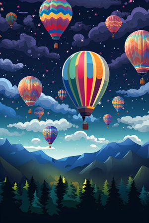 Colorful hot air balloons flying over the mountains at night. Vector illustration.の素材