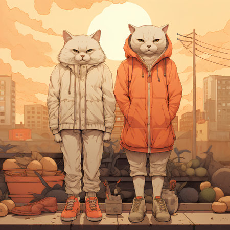 Two cats in the city. Illustration in a cartoon style.の素材