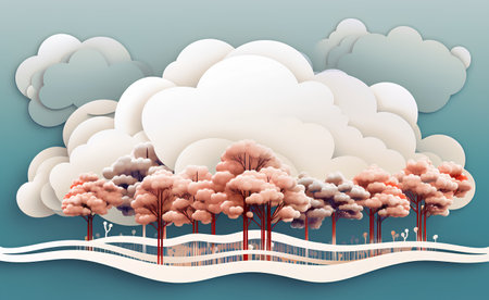 Paper art style landscape with clouds and trees. Paper art style vector illustration.の素材
