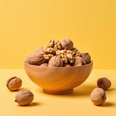 Walnuts in a wooden bowl on a yellow background. Copy space.の素材