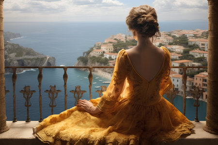 Beautiful woman in a yellow dress on the balcony overlooking the seaの素材