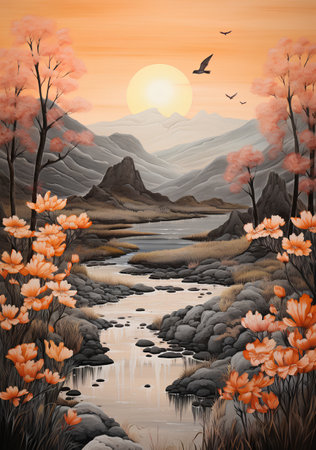 Autumn landscape with lake, trees and mountains. Vector illustration.の素材