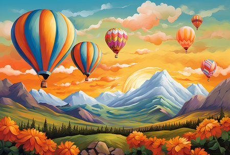 Hot air balloons flying over the mountains with flowers. Vector illustration.の素材