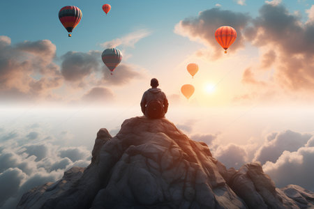 Rear view of businessman sitting on top of mountain and looking at sunriseの素材