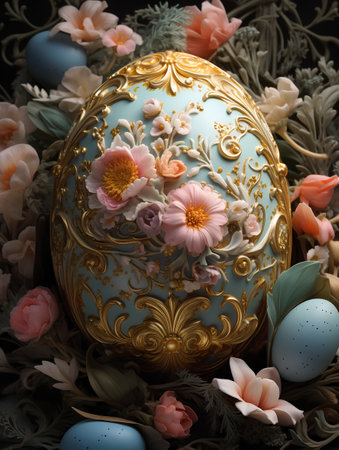 Easter egg with floral ornament on a black background. 3d illustrationの素材