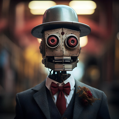 Robot wearing a top hat and a bow tie. 3D rendering.の素材