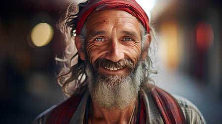 Portrait of an old man with a beard and mustache in a red bandana on the street.の素材