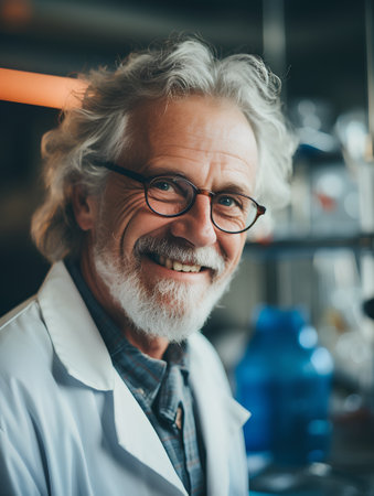 Portrait of a senior male scientist working in a laboratory. He is smiling and looking at the camera.の素材