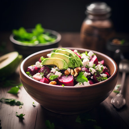 Beetroot salad with feta cheese, avocado and walnutsの素材