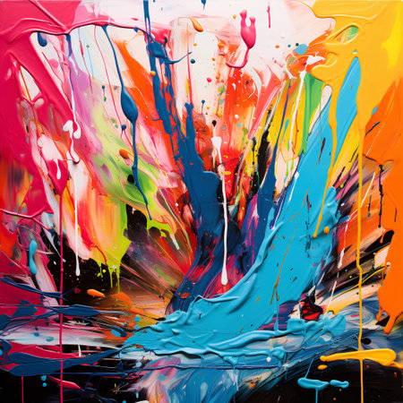 Colorful paint splashes on black background. Acrylic painting.の素材