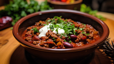 Traditional mexican chili con carne in bowl with sour creamの素材
