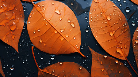 Beautiful autumn leaves with water drops on dark background, closeupの素材