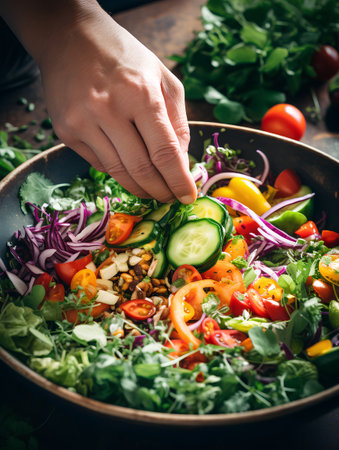 Healthy salad with fresh vegetables and nuts in a bowl on the tableの素材
