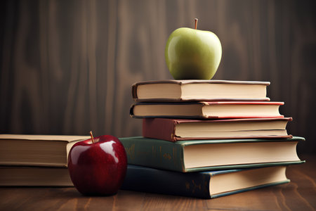 Stack of books and apple on wooden background. Back to school.の素材