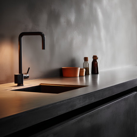 3d rendering of a modern kitchen with black countertop and sinkの素材
