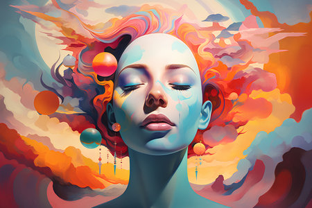 Beautiful woman face with colorful smoke and fire. Vector illustration.の素材