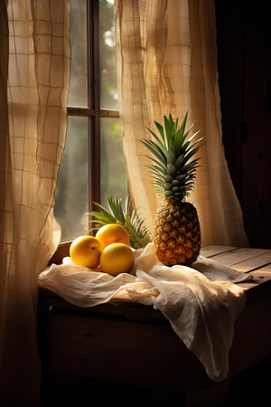 Pineapple and oranges on a wooden table with a window backgroundの素材