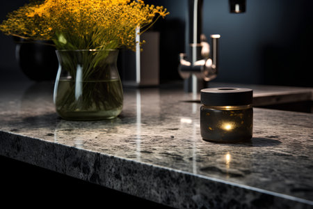 Yellow flowers in a glass vase on a marble countertop.の素材