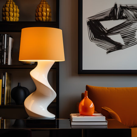 Living room interior with orange lamp and books. 3D rendering.の素材