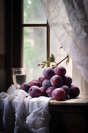 Still life with plums and a glass of water on the windowsillの素材