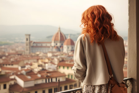 Young woman with red hair in Florence, Italy looking at the city.の素材