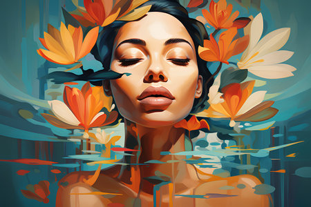 Beautiful young woman with flowers in her hair. Vector illustration.の素材