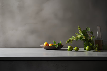 Still life with fresh fruits and vegetables on a marble countertop in front of a concrete wall. 3d rendering mock upの素材