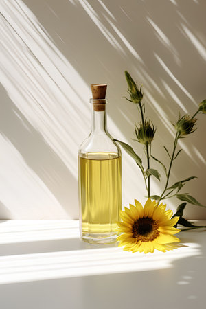 Sunflower oil in a glass bottle with sunflowers on a light backgroundの素材