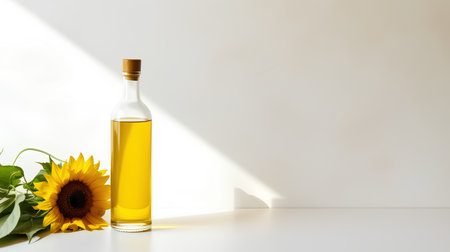 Bottle of olive oil and sunflowers on a white backgroundの素材
