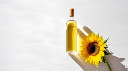 Bottle of white wine with sunflower on white background. 3d renderingの素材
