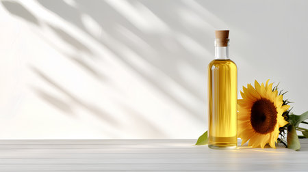 3d render of sunflower oil in glass bottle on white wooden tableの素材